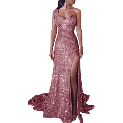 Melissa – One-shoulder Sleeveless Shimmer Split Dress