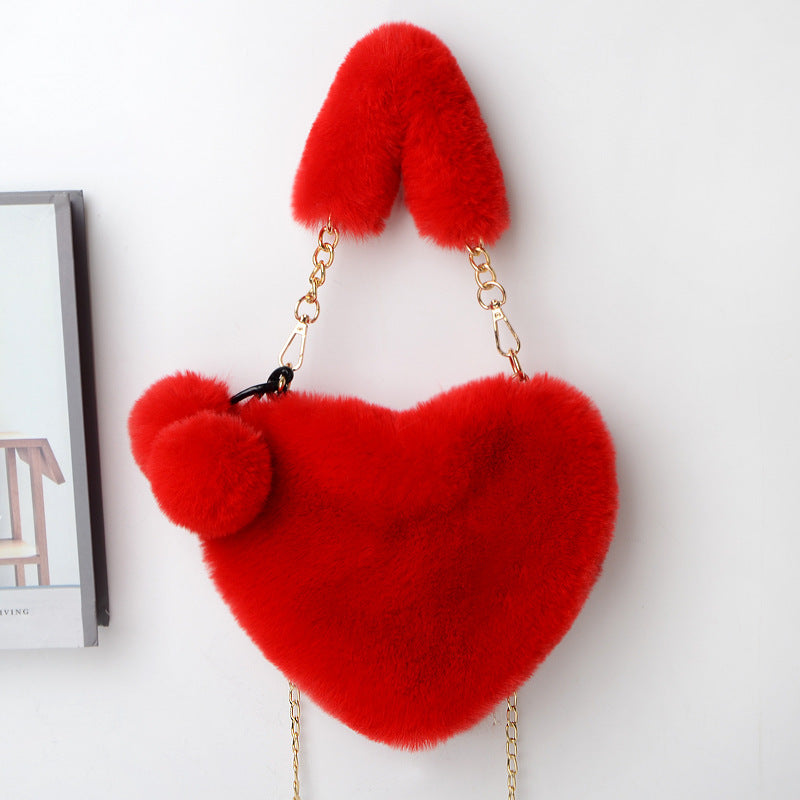 Jade – Red Heart-Shaped Fluffy Shoulder Bag with Gold Chain Straps