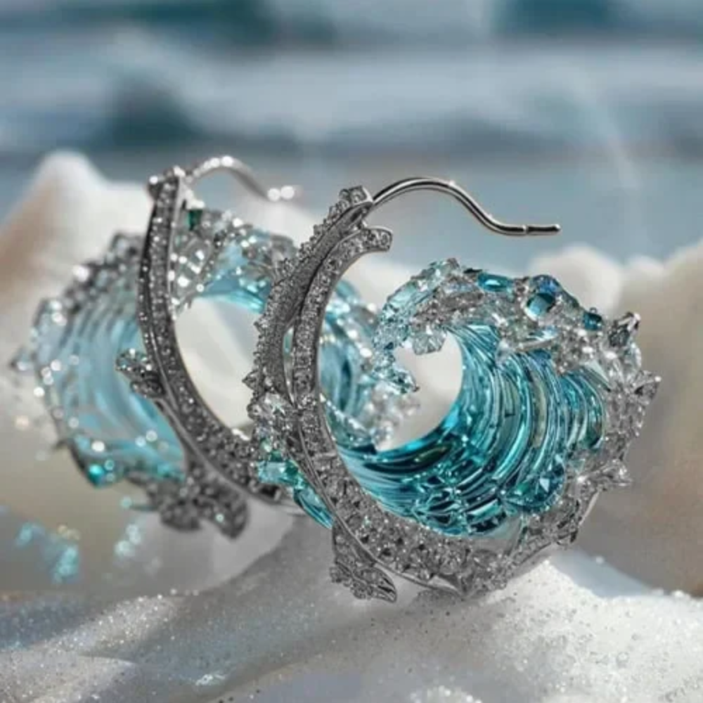 Ocean Wave Hoop Earrings with Crystal Accents