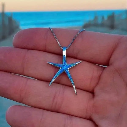 Ocean Starfish Necklace in Silver Blue Opal