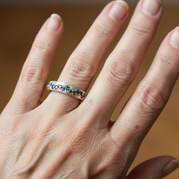 Textured Gold Ring with Blue and Green Gemstones