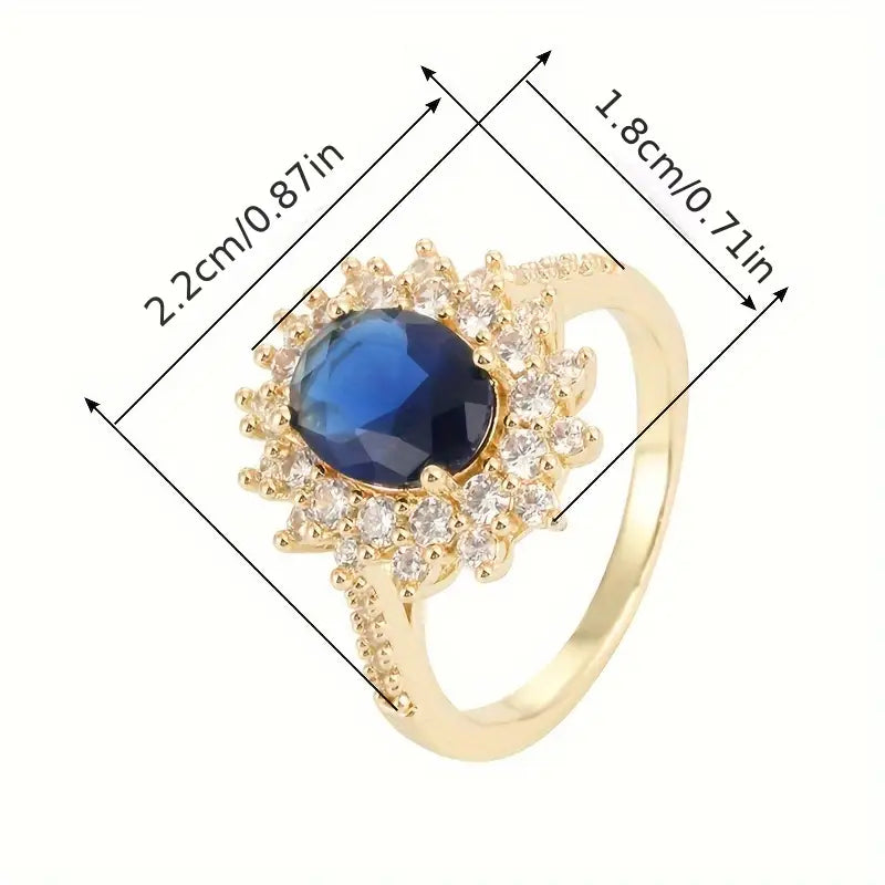 Midnight Sapphire Halo Ring in Gold Color with Crystals