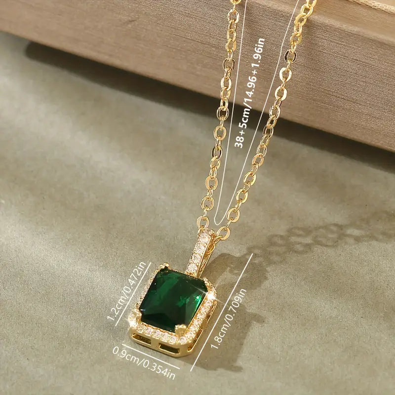 Emerald Green Pendant Necklace with Gold and Crystal Accents