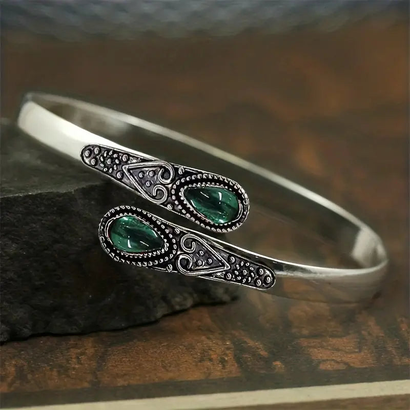 Vintage Silver Cuff Bracelet with Green Teardrop Accents