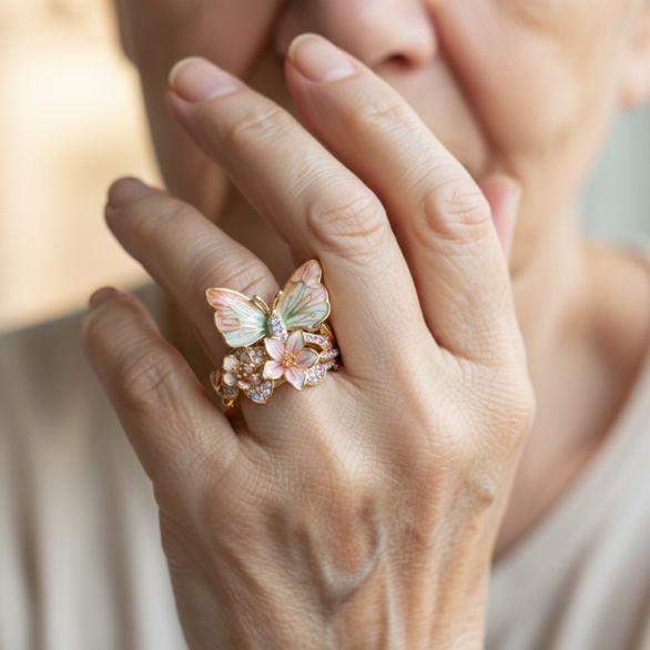 Butterfly and Blossom Garden Ring in Gold Tone