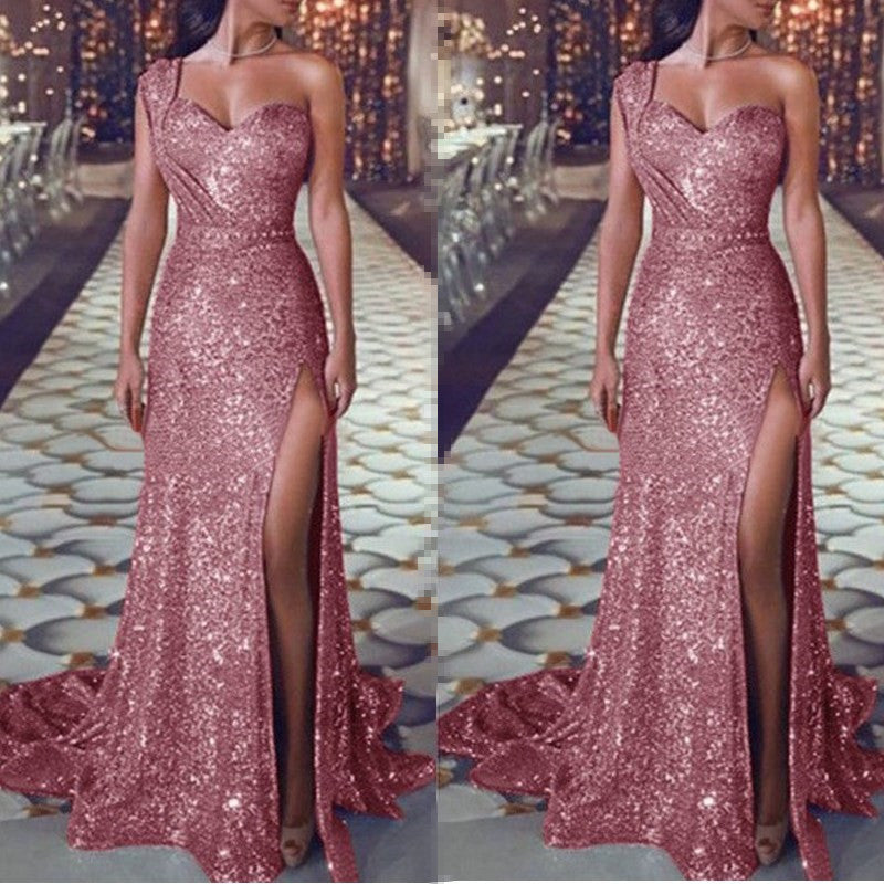 Melissa – One-shoulder Sleeveless Shimmer Split Dress