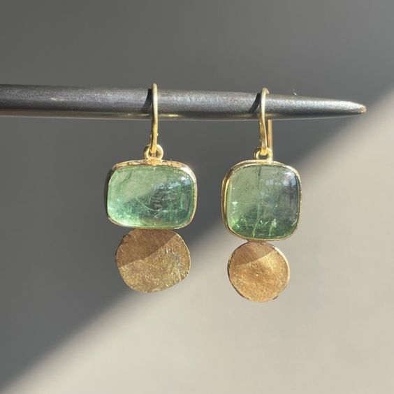 Green Crystal Drop Earrings with Gold Circles