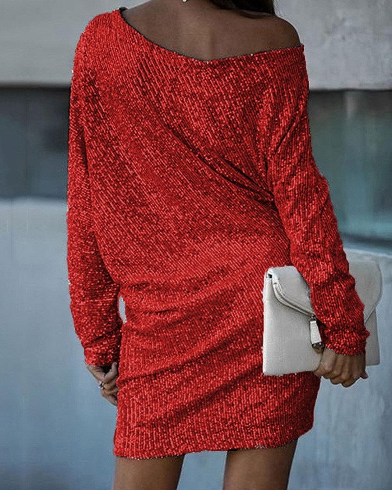 Laura – Oblique Shoulder Sequin Party Dress