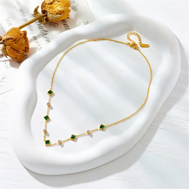 Green Gem and Crystal Gold-Tone Necklace