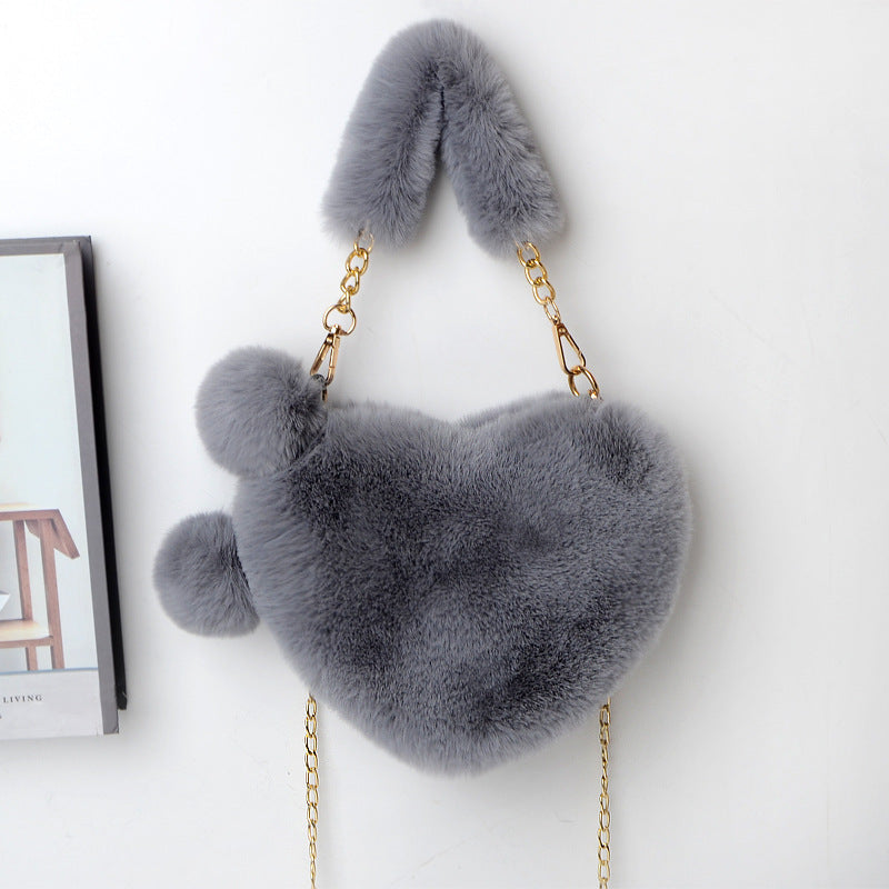 Jade – Red Heart-Shaped Fluffy Shoulder Bag with Gold Chain Straps
