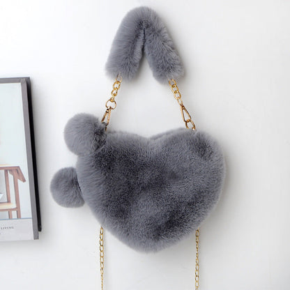 Jade – Red Heart-Shaped Fluffy Shoulder Bag with Gold Chain Straps
