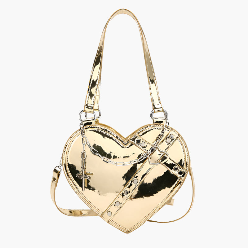 Michelle – Stylish Metallic Heart-Shaped Crossbody Bag with Chain Details