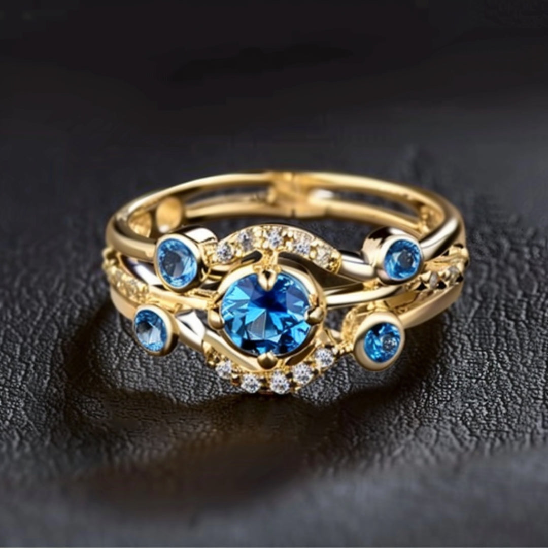 Celestial Blue Gemstone Layer Ring in Gold Tone