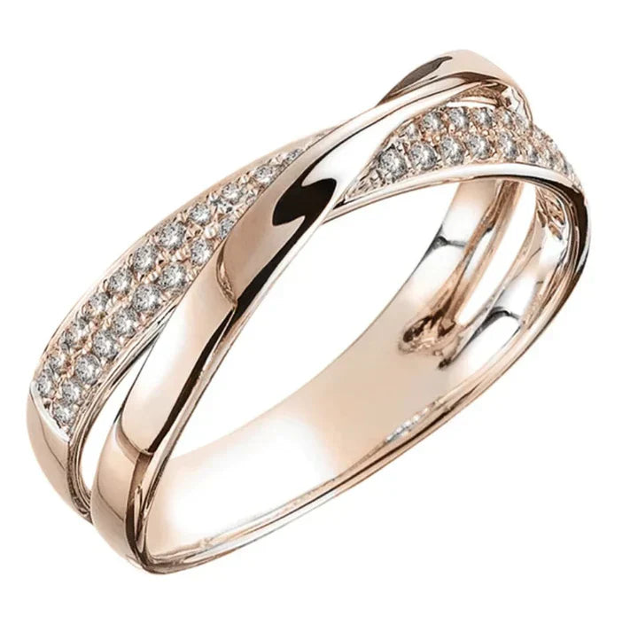 Crisscross Band Ring with Sparkling Stones in Rose Gold