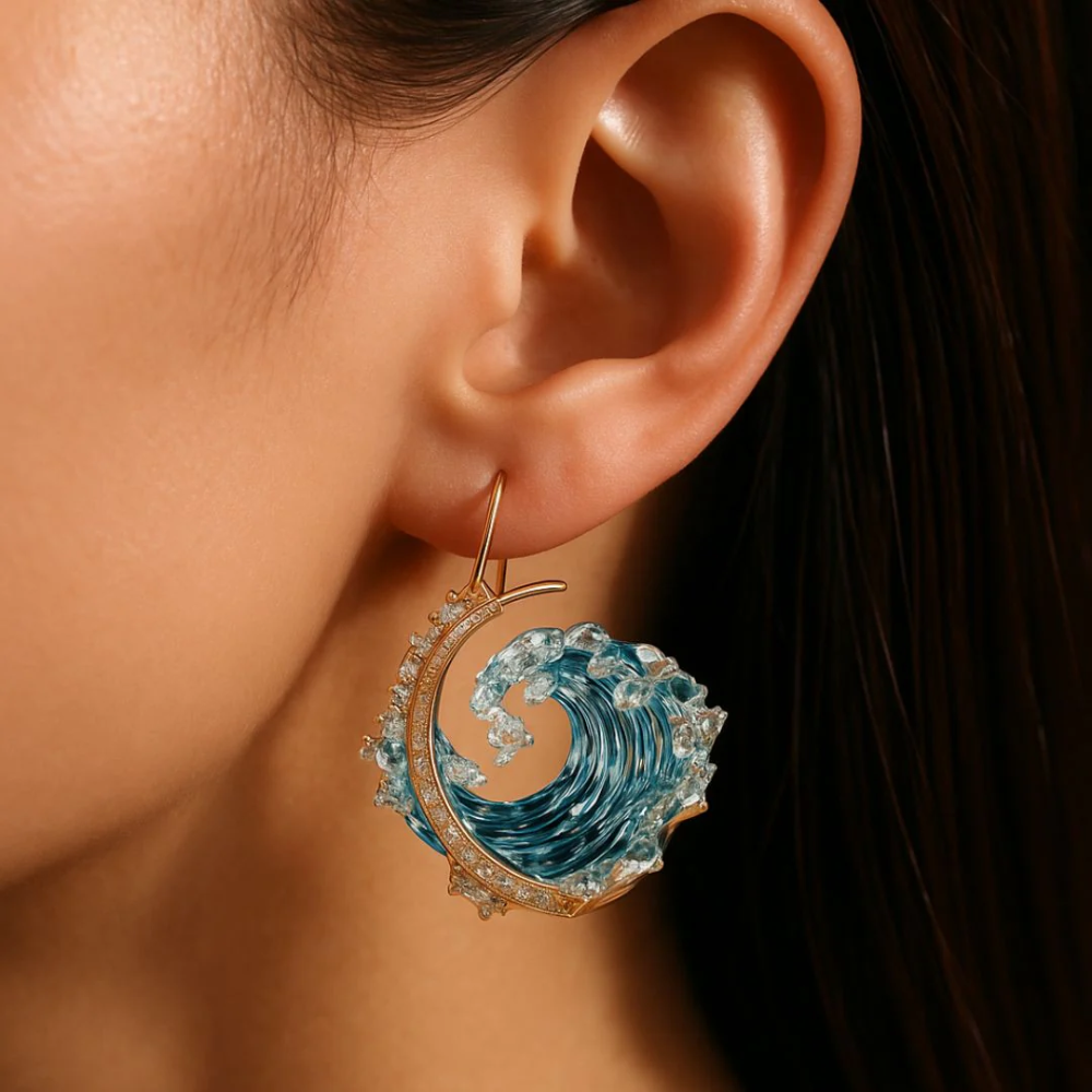 Ocean Wave Hoop Earrings with Crystal Accents