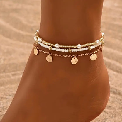 Boho Layered Anklet with Pearls and Gold Coins