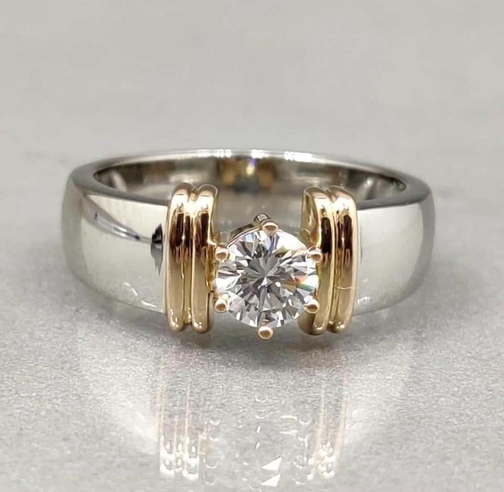 Solitaire Bright Band Ring with Gold Accents