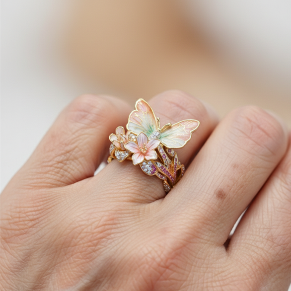 Butterfly and Blossom Garden Ring in Gold Tone