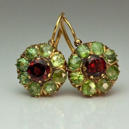 Victorian Gold Drop Earrings with Red and Green Gemstones