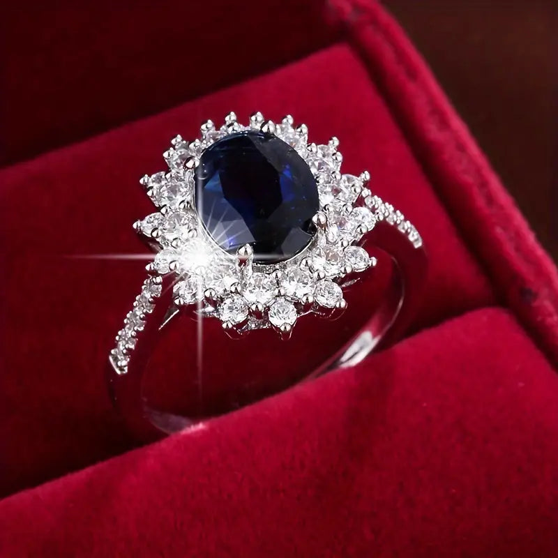 Midnight Sapphire Halo Ring in Gold Color with Crystals