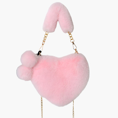 Jade – Red Heart-Shaped Fluffy Shoulder Bag with Gold Chain Straps
