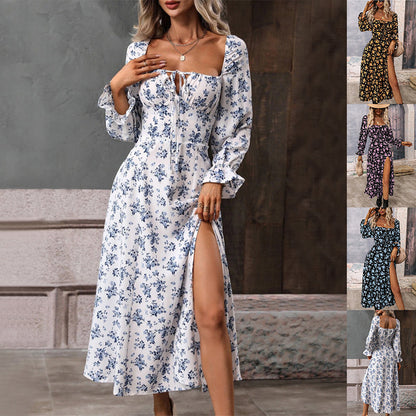 Sue – Long Sleeve Floral Dress with Square Neck