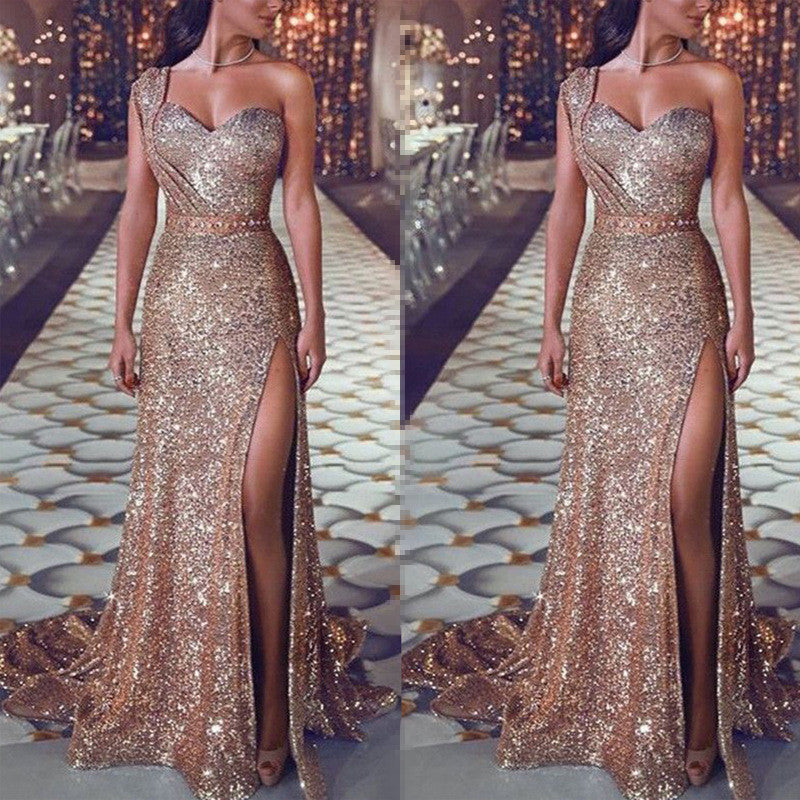 Melissa – One-shoulder Sleeveless Shimmer Split Dress