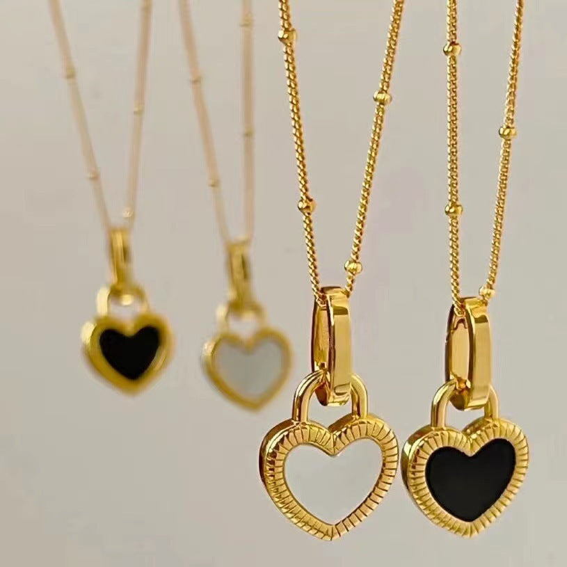 Black and White Heart Pendant Necklace in Gold Color