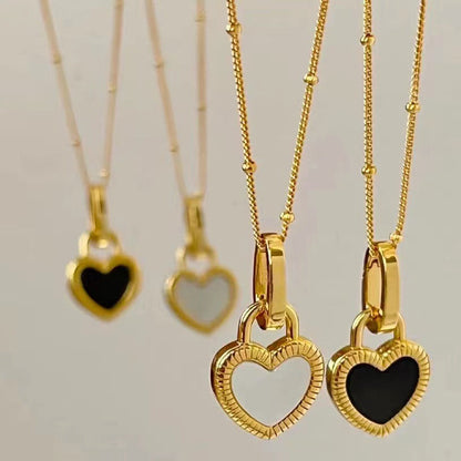 Black and White Heart Pendant Necklace in Gold Color