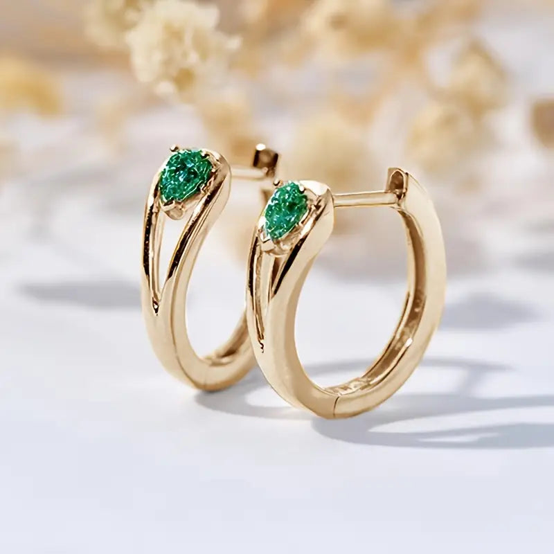 Green Gem Hoop Earrings in Gold Color