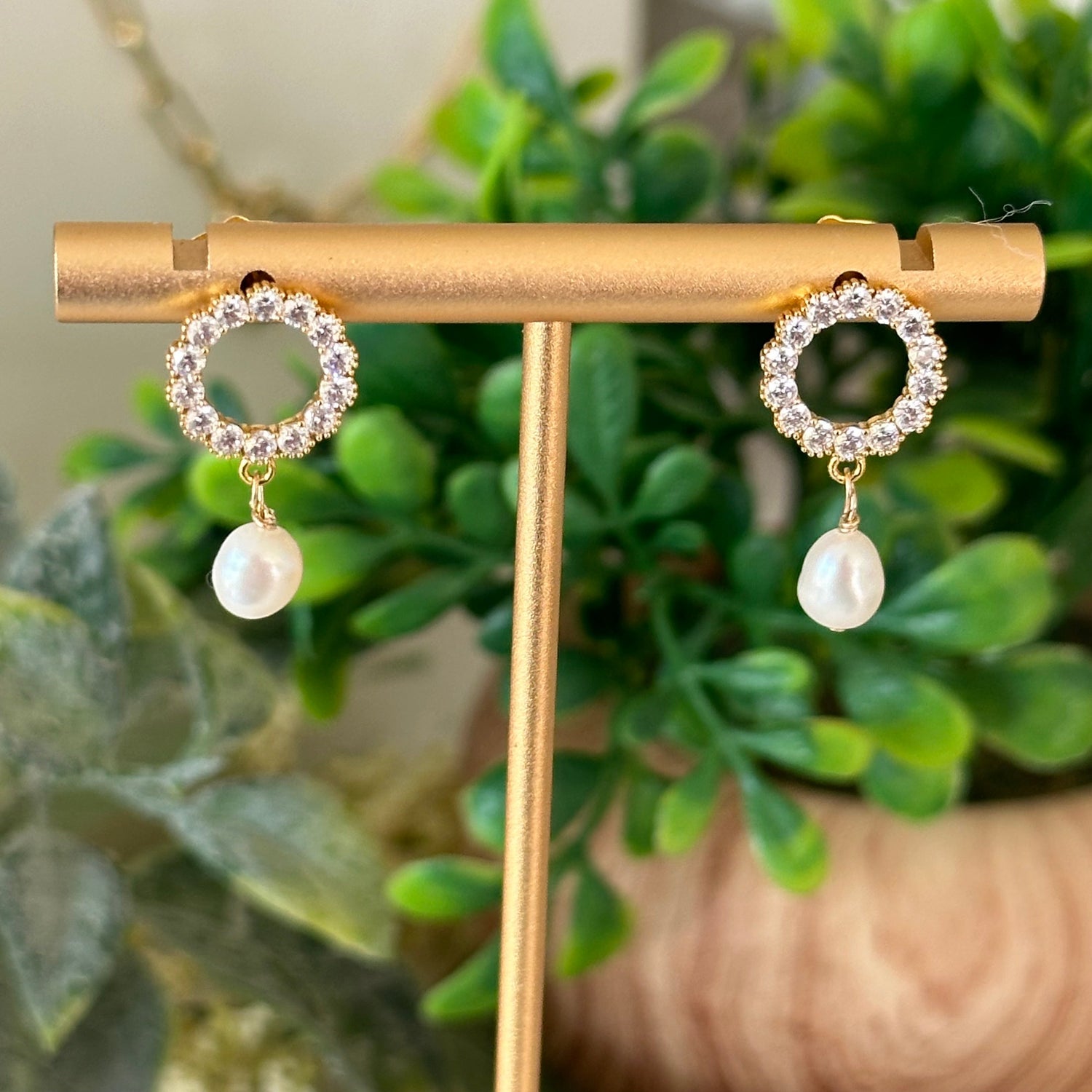 Open Circle Pearl Drop Earrings with Crystal Accents