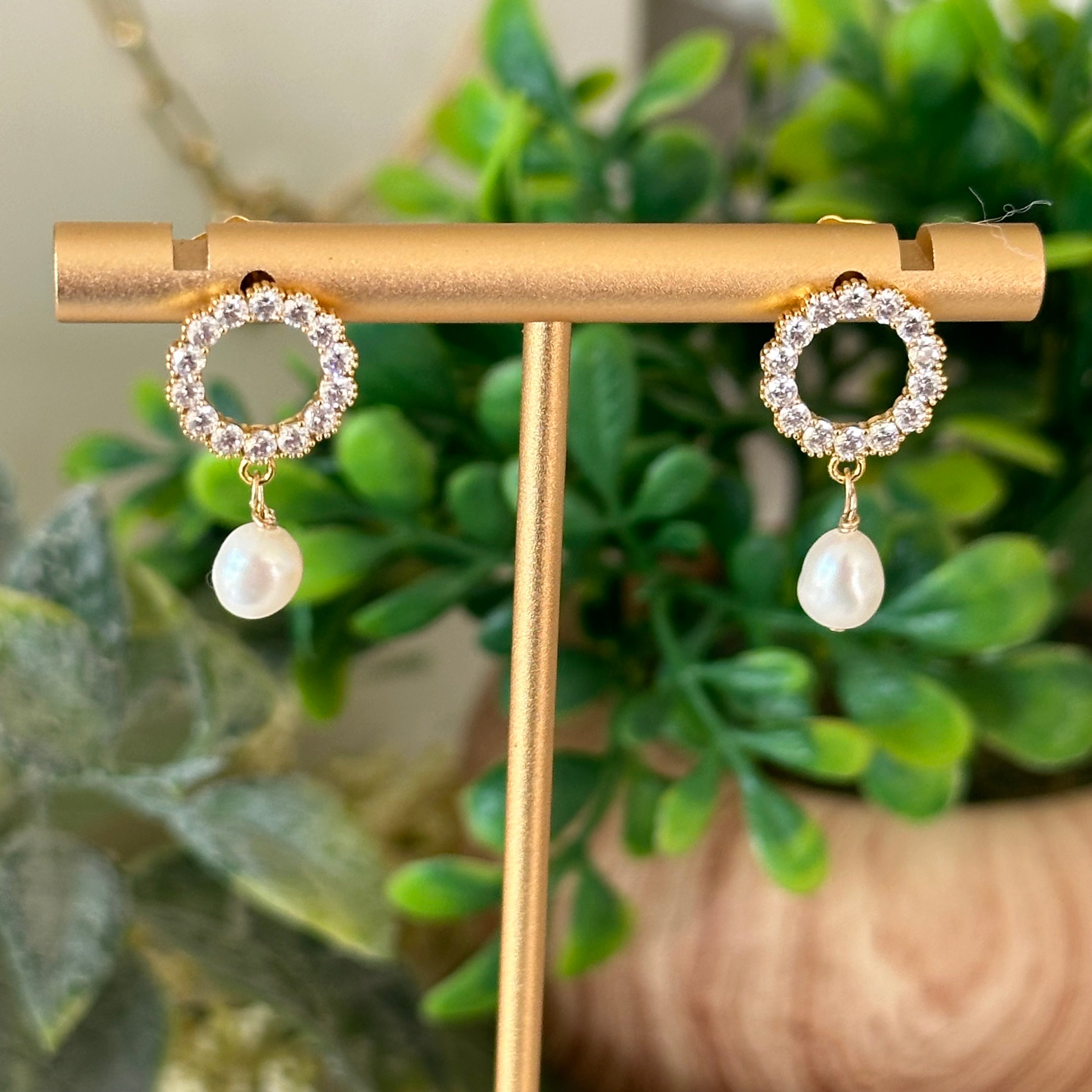 Open Circle Pearl Drop Earrings with Crystal Accents