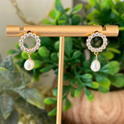 Open Circle Pearl Drop Earrings with Crystal Accents