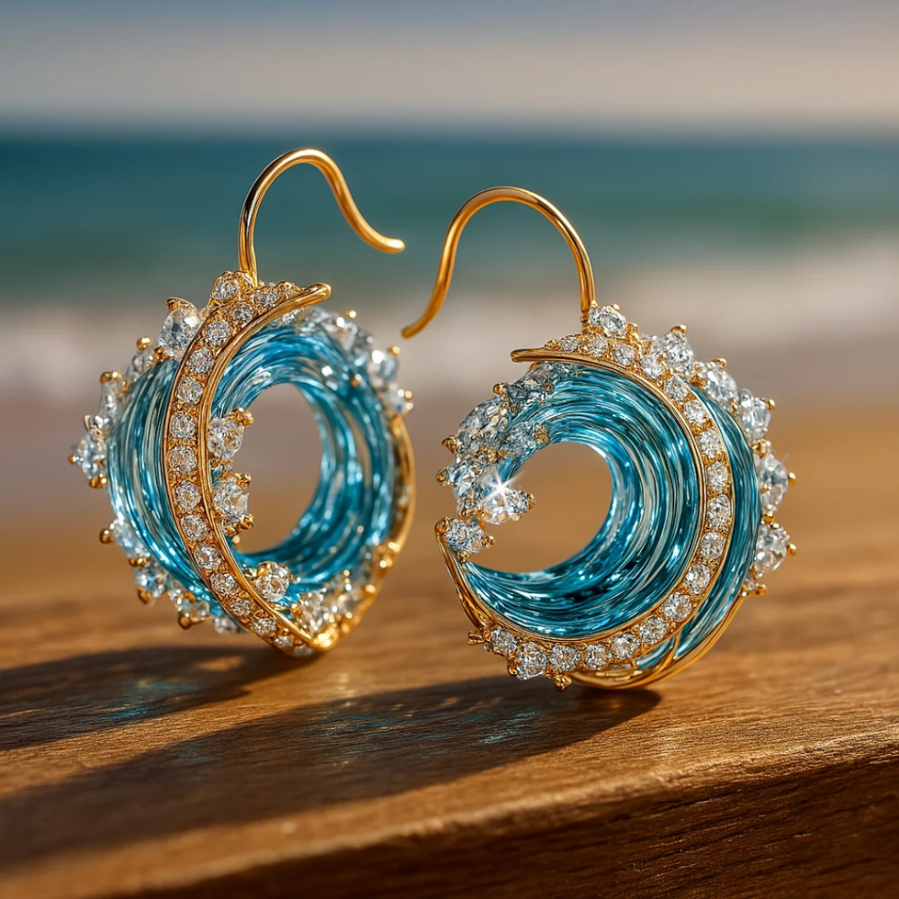 Ocean Wave Hoop Earrings with Crystal Accents