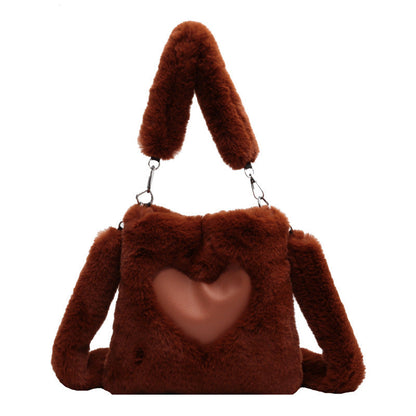 Zoe – Plush Heart-Design Fur Handbag with Soft Handle and Zipper Closure