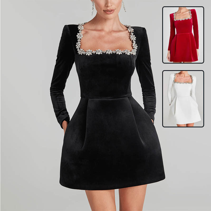 Jennifer – Elegant Square Neck A-line Dress with Rhinestone