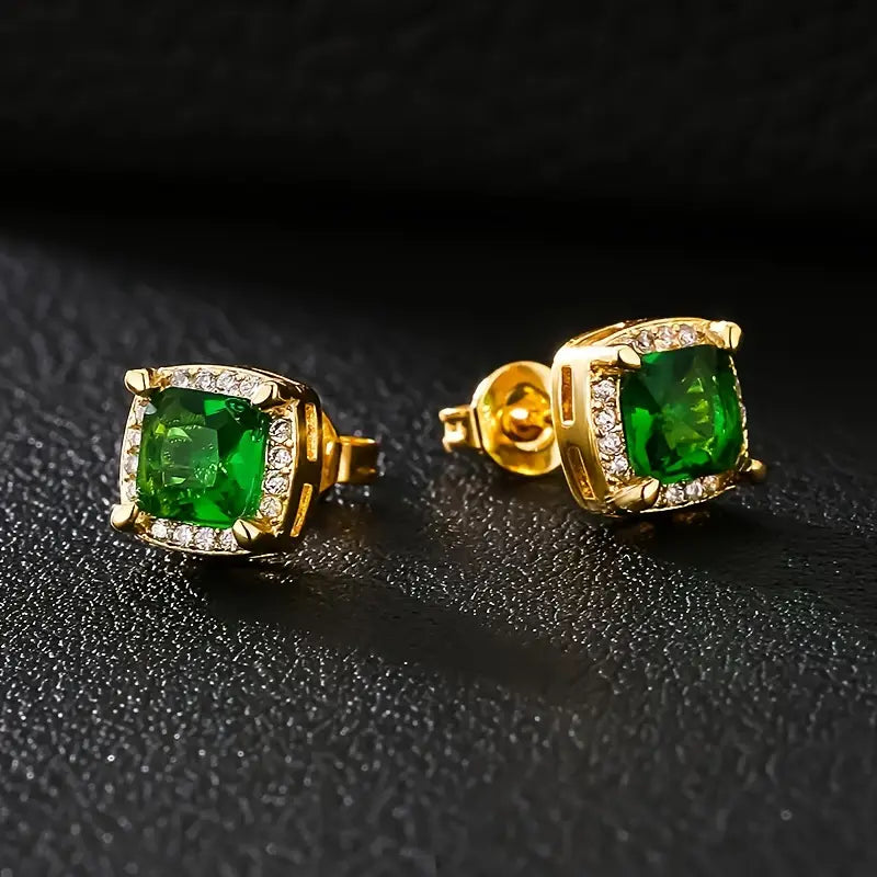 Emerald Green Stud Earrings in Gold with Crystal Accents