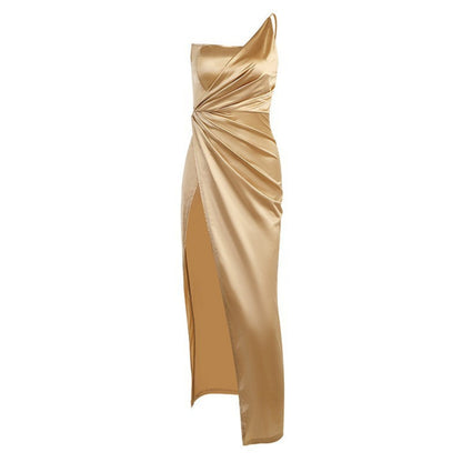 Leah – Woven One-Shoulder Slit Dress with Fishbone Waist