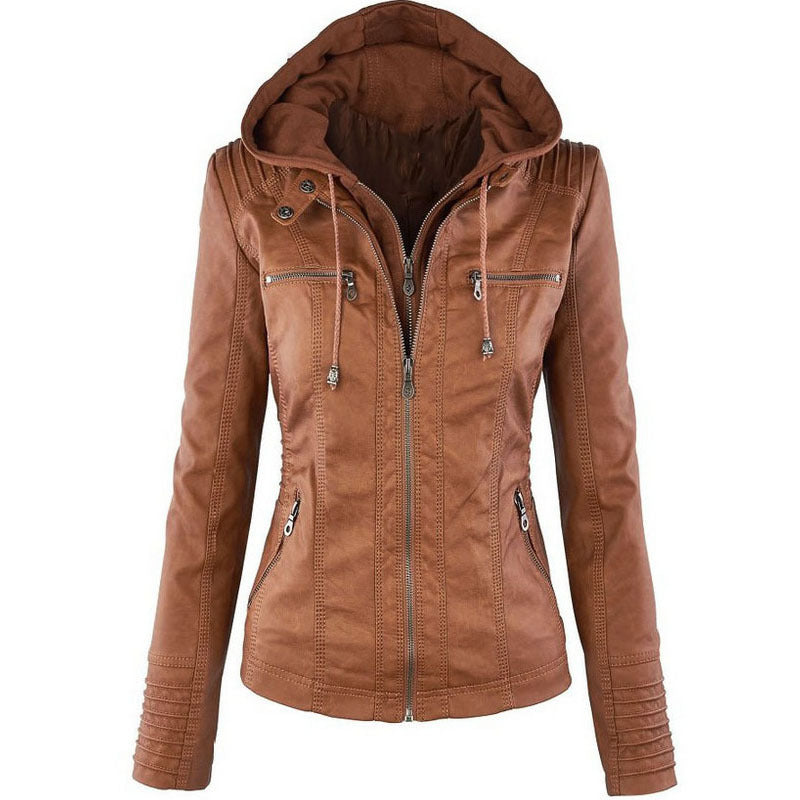 Ann – Casual Vegan Leather Jacket with Detachable Hood