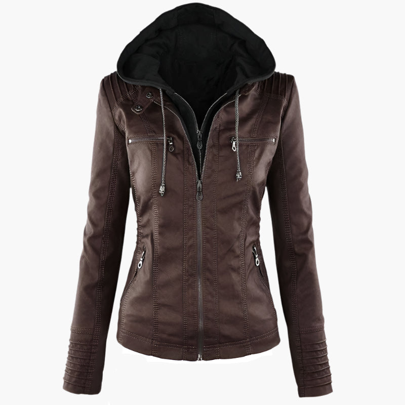 Ann – Casual Vegan Leather Jacket with Detachable Hood