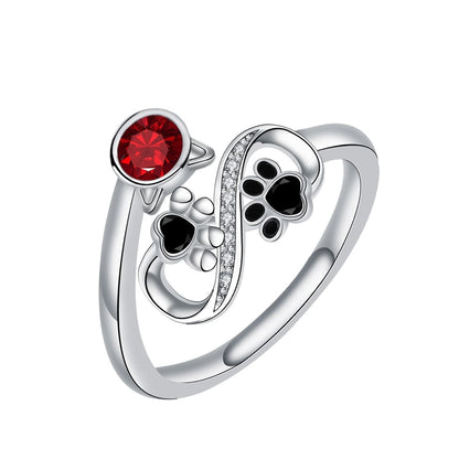 Paw Print Infinity Ring with Red Gem and Zirconia Accents