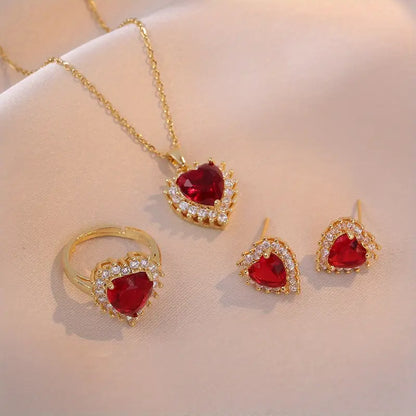 Heart Red Gem Necklace, Ring &amp; Earrings Set in Gold