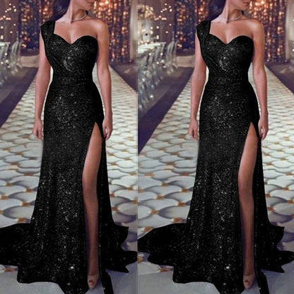 Melissa – One-shoulder Sleeveless Shimmer Split Dress