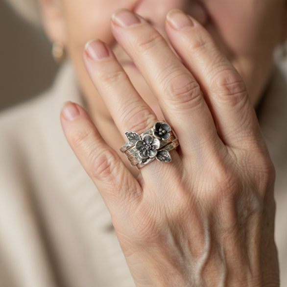Vintage Silver Floral Stackable Ring Set