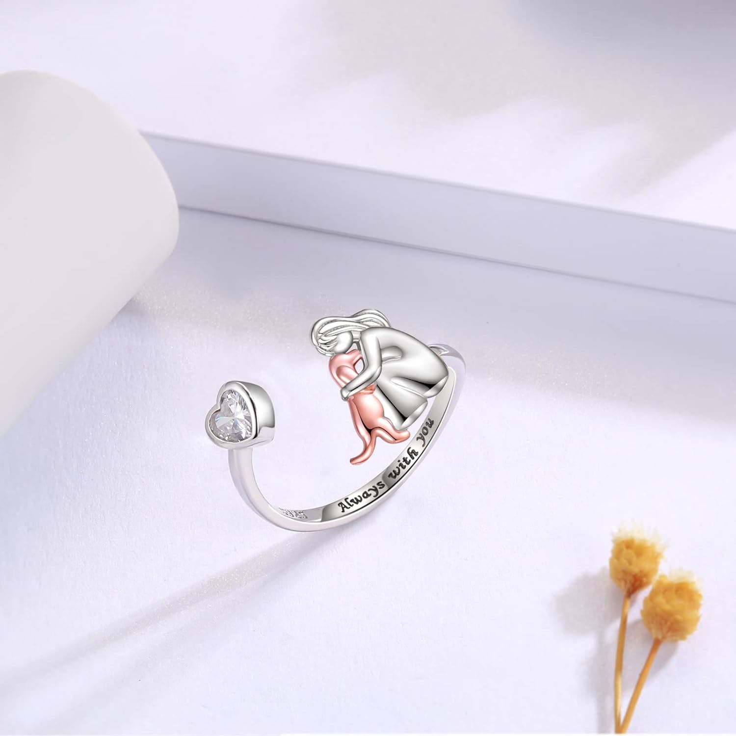 Heart Zirconia Dog Hug Ring with Rose Gold Accent
