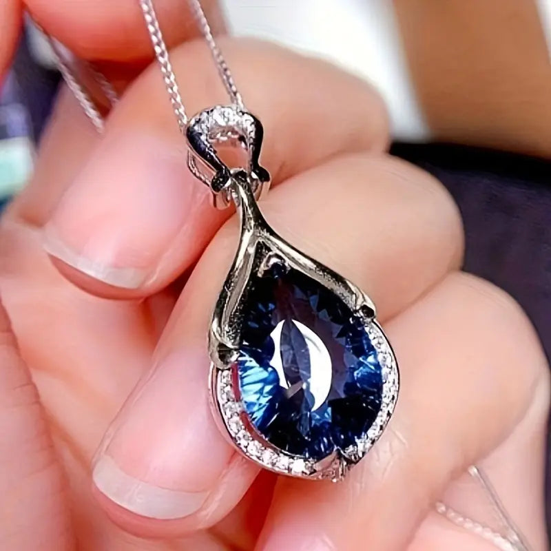 Teardrop Blue Crystal Pendant Necklace with Silver Accents