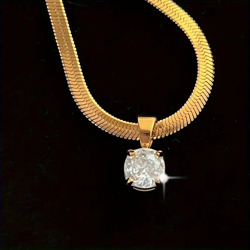 Solitaire Crystal Pendant Necklace in Gold Tone