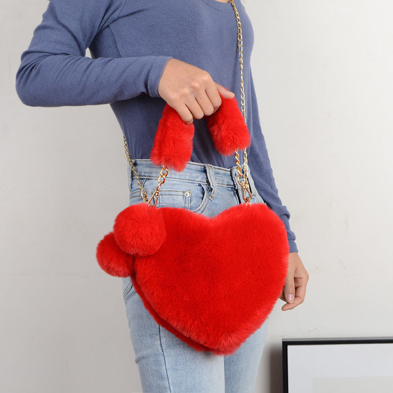 Jade – Red Heart-Shaped Fluffy Shoulder Bag with Gold Chain Straps