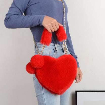 Jade – Red Heart-Shaped Fluffy Shoulder Bag with Gold Chain Straps