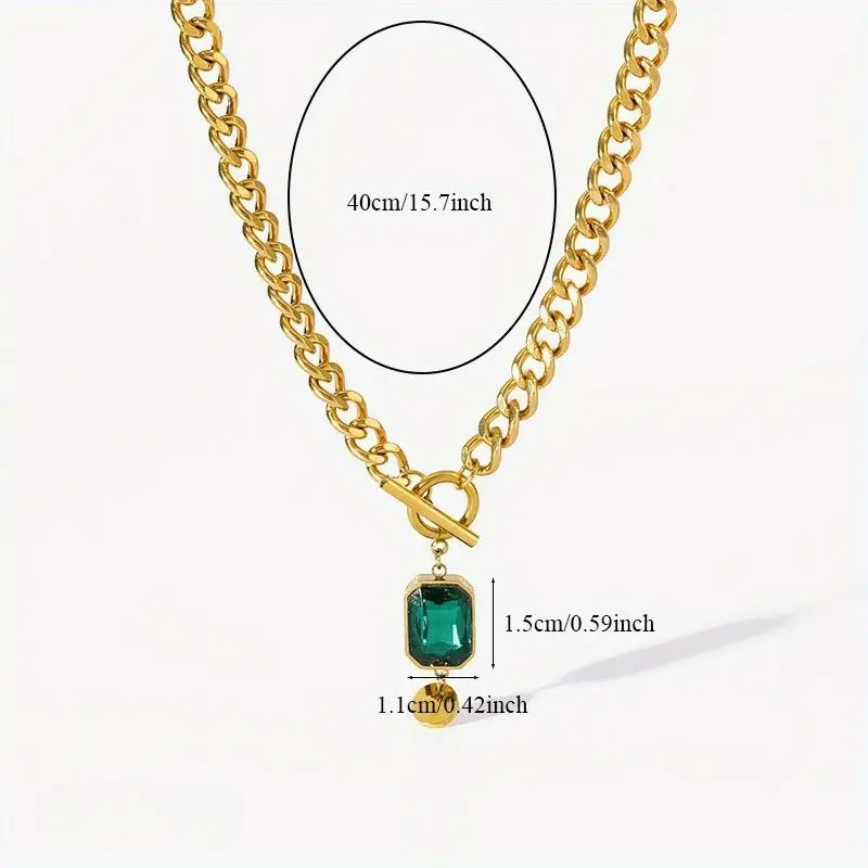 Emerald Green Gem Pendant Necklace in Gold Color